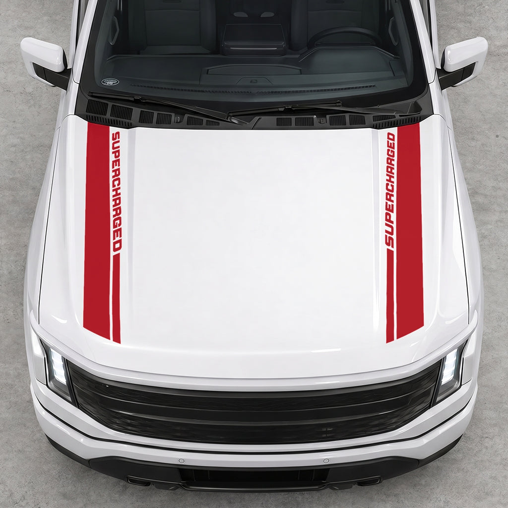 Hood Panel Decal/Sticker - Double Side SuperCharged Graphic Decal Graphic Kit - For Ford F-150 2015-2020 - Premium Vinyl