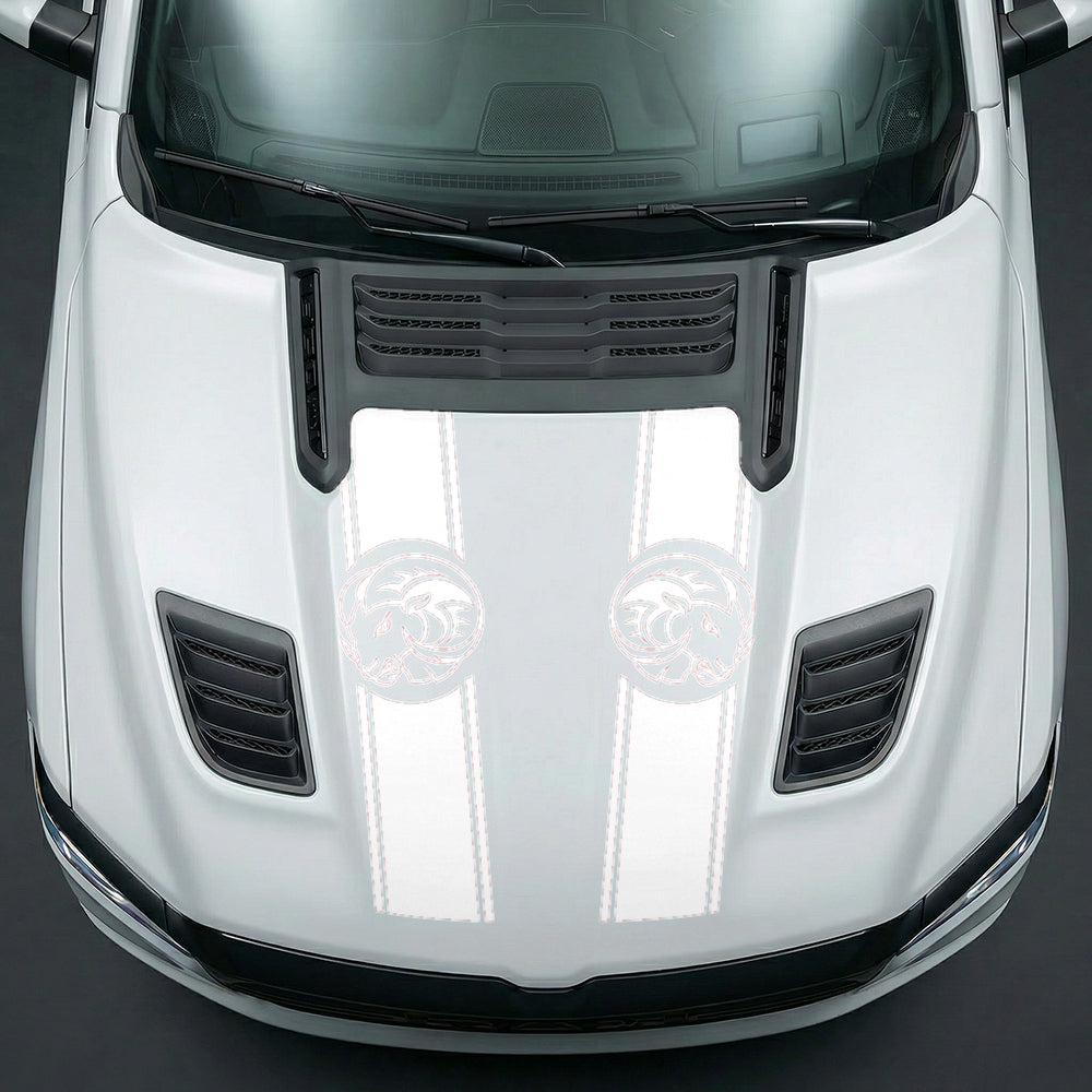 Hood Panel Decal/Sticker - Aggressive RAM Mascot Twin Racing Stripe Graphic Kit - For Dodge Ram 2019-2025 - Premium Vinyl