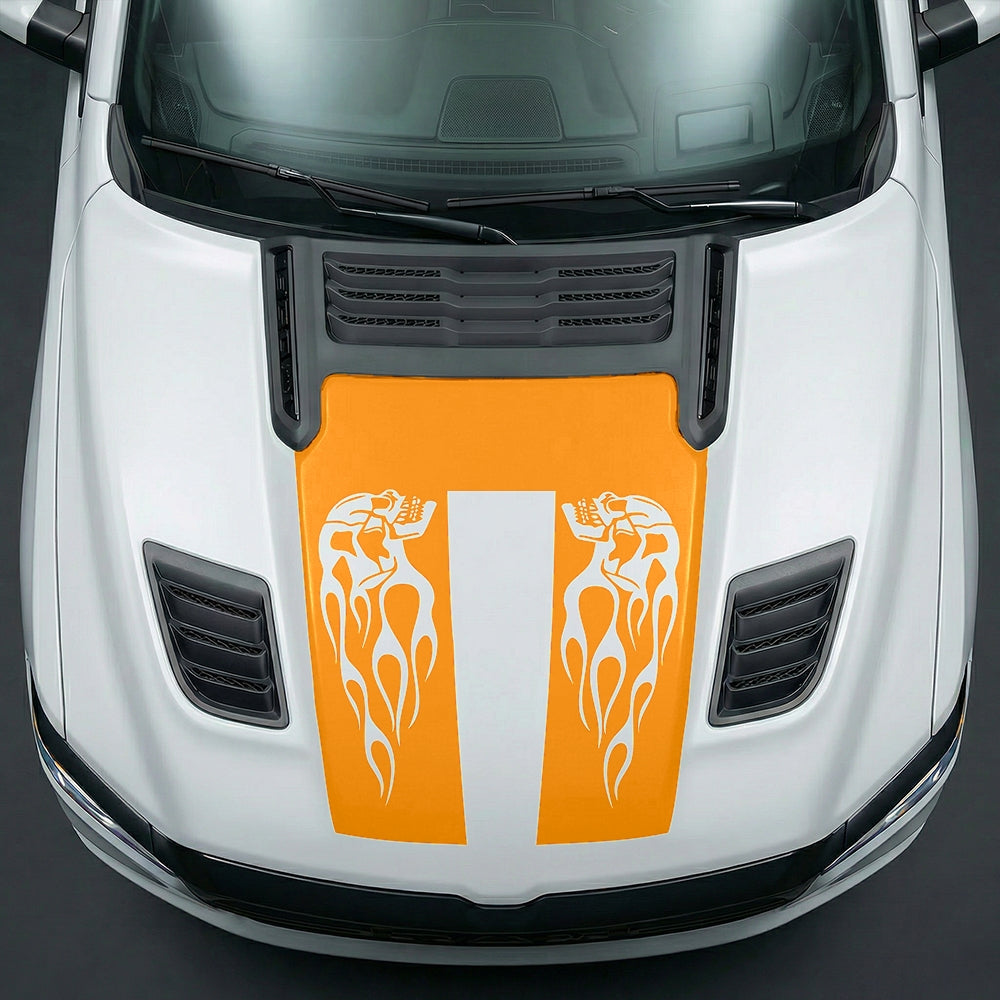 Hood Panel Decal/Sticker - Fiery Skulls Custom U-Shape Graphic Kit - For Dodge Ram 2019-2025 - Premium Vinyl