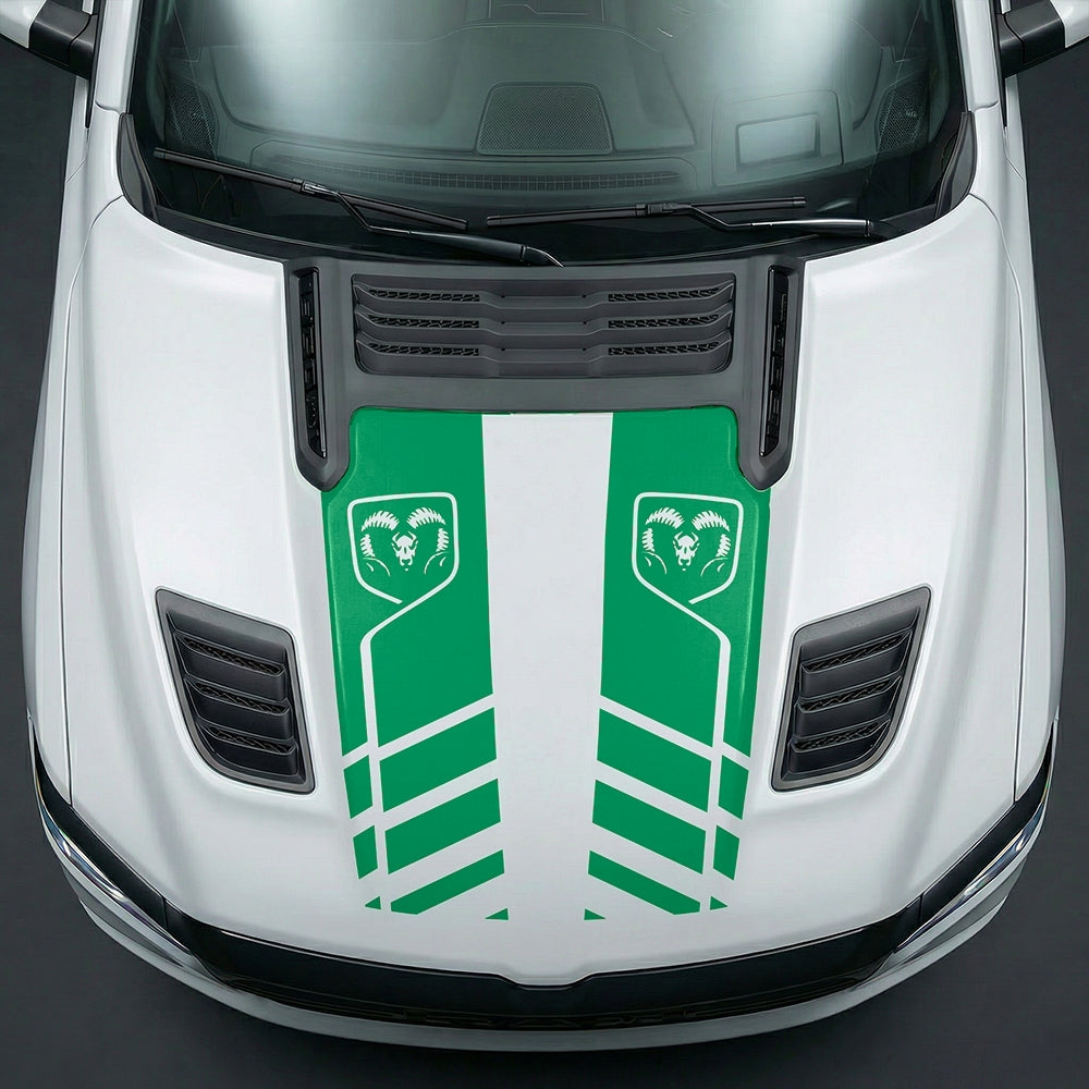 Hood Panel Decal/Sticker - Slotted Sport Stripe with RAM Shield Badge Graphic Kit - For Dodge Ram 2019-2025 - Premium Vinyl