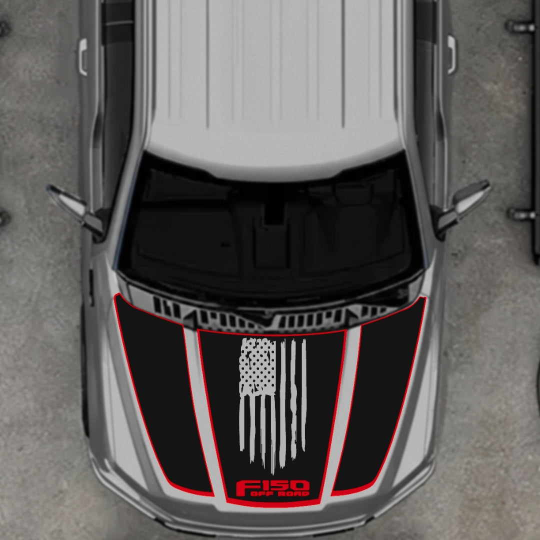 Hood Panel Decal/Sticker - USA Style 3 - Cut - Border Graphic Kit - For Ford F-150 2020-2026 - Premium Vinyl