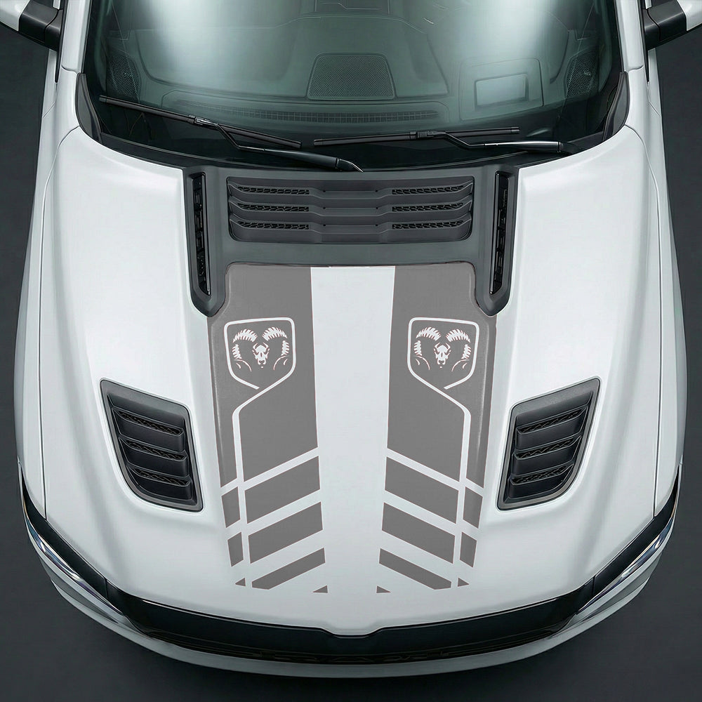 Hood Panel Decal/Sticker - Slotted Sport Stripe with RAM Shield Badge Graphic Kit - For Dodge Ram 2019-2025 - Premium Vinyl
