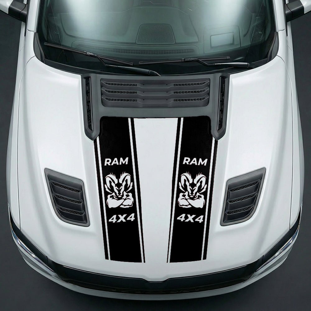 Hood Panel Decal/Sticker - Muscular Ram Mascot 4x4 Twin Stripe Graphic Kit - For Dodge Ram 2019-2025 - Premium Vinyl