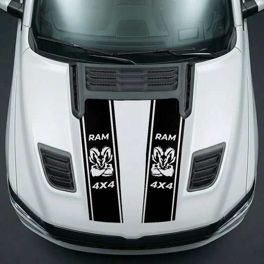 Hood Panel Decal/Sticker - Muscular Ram Mascot 4x4 Twin Stripe Graphic Kit - For Dodge Ram 2019-2025 - Premium Vinyl