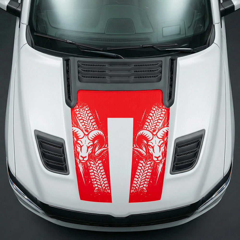 Hood Panel Decal/Sticker - Rugged Mud Tire Tread & RAM Head Graphic Kit - For Dodge Ram 2019-2025 - Premium Vinyl