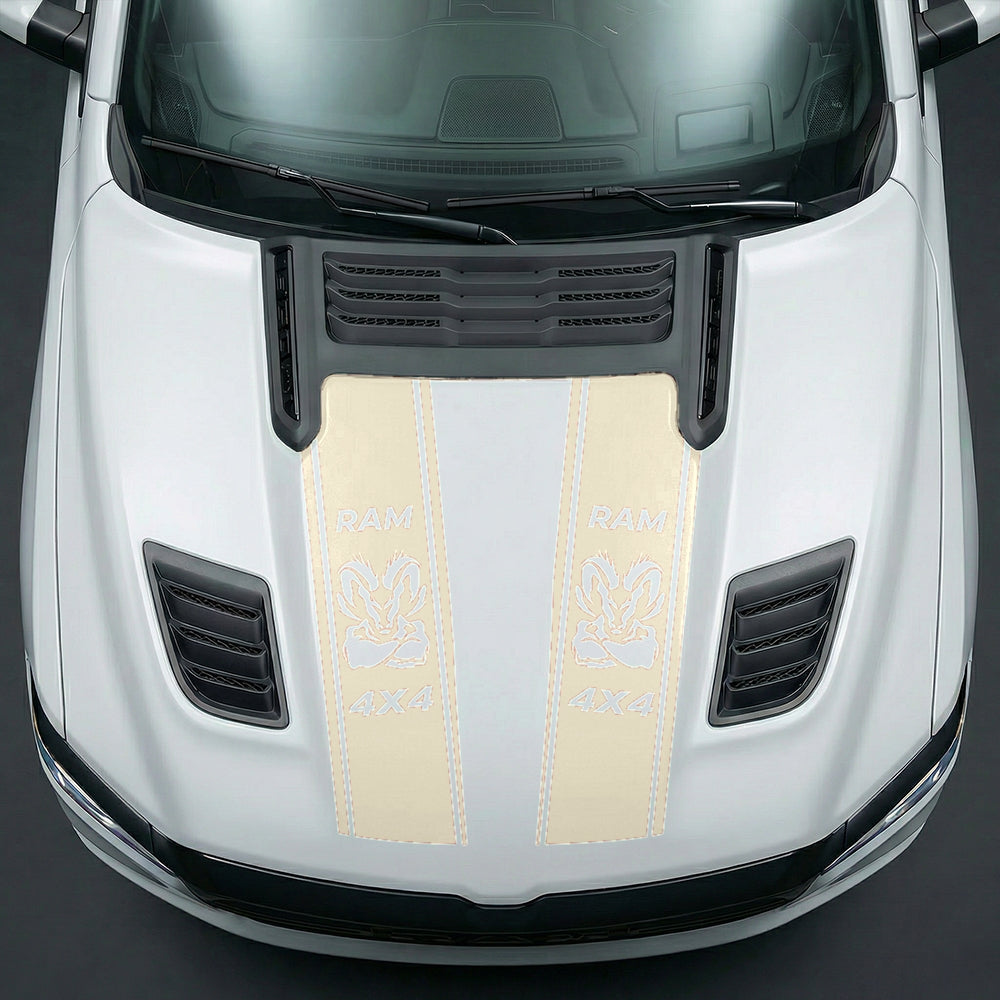 Hood Panel Decal/Sticker - Muscular Ram Mascot 4x4 Twin Stripe Graphic Kit - For Dodge Ram 2019-2025 - Premium Vinyl