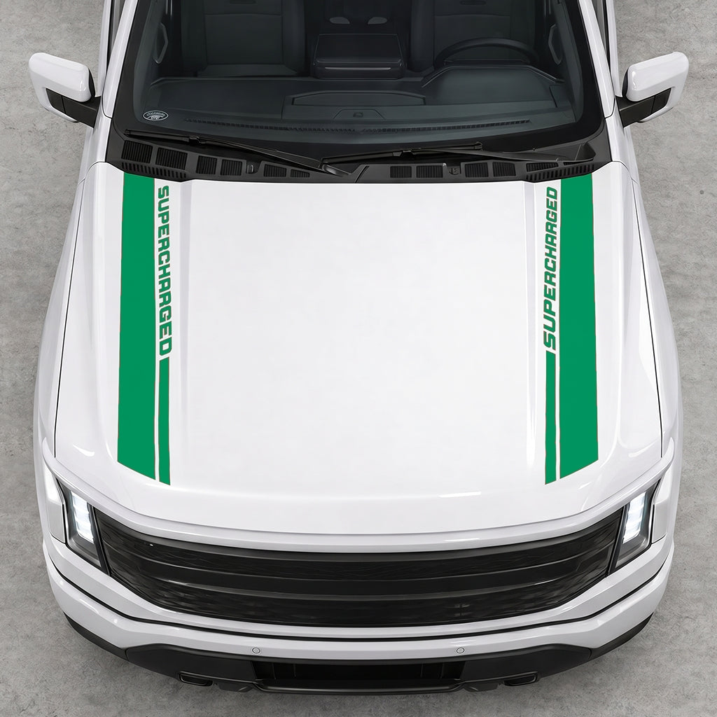 Hood Panel Decal/Sticker - Double Side SuperCharged Graphic Decal Graphic Kit - For Ford F-150 2015-2020 - Premium Vinyl