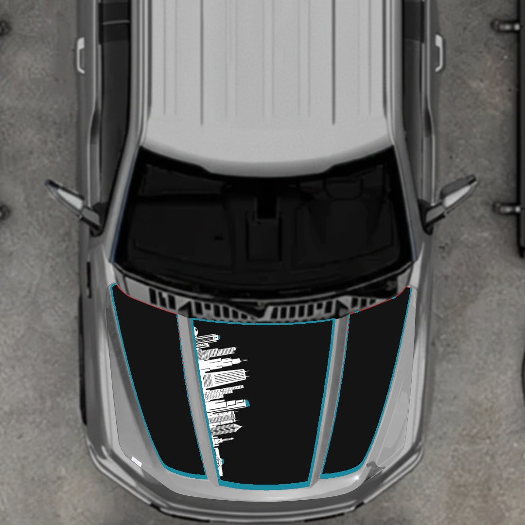 Hood Panel Decal/Sticker - Dubai Skyline - Cut - Border Graphic Kit - For Ford F-150 2020-2026 - Premium Vinyl