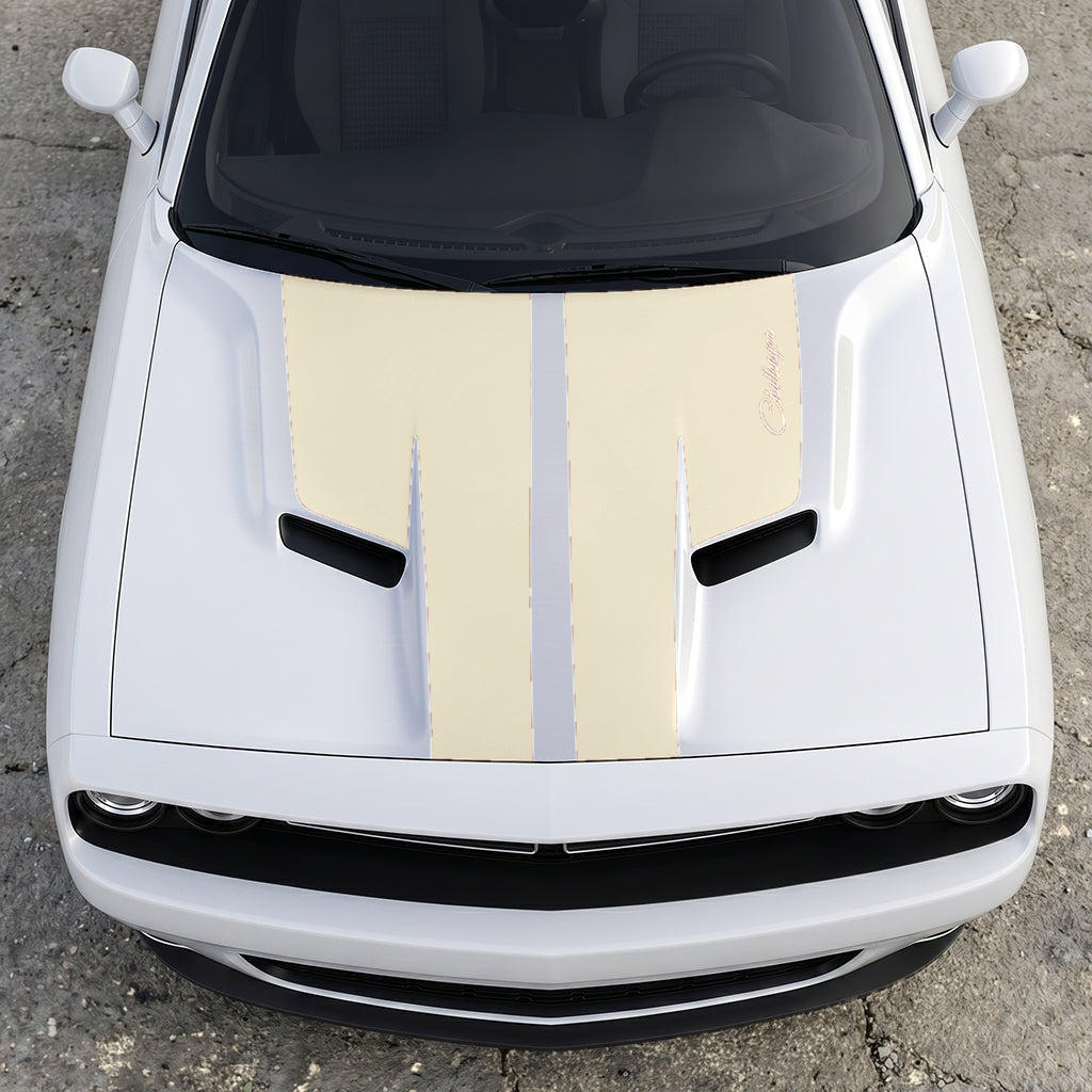 Hood Panel Decal/Sticker - Retro Script Challenger Heritage - Split Center Sport Stripe Series Graphic Kit - For Dodge Challenger 2015-2024 - Premium Vinyl