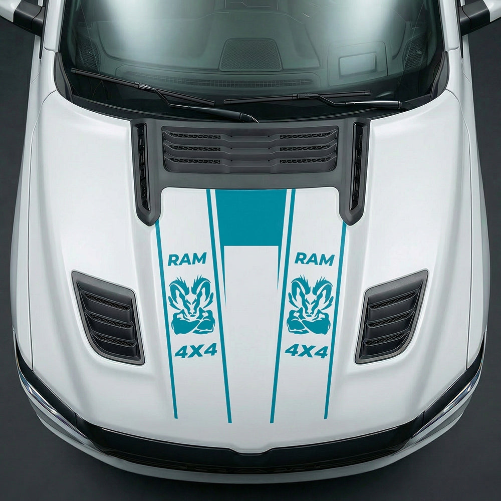 Hood Panel Decal/Sticker - Muscular Ram Mascot 4x4 Twin Stripe U-Shape Graphic Kit - For Dodge Ram 2019-2025 - Premium Vinyl