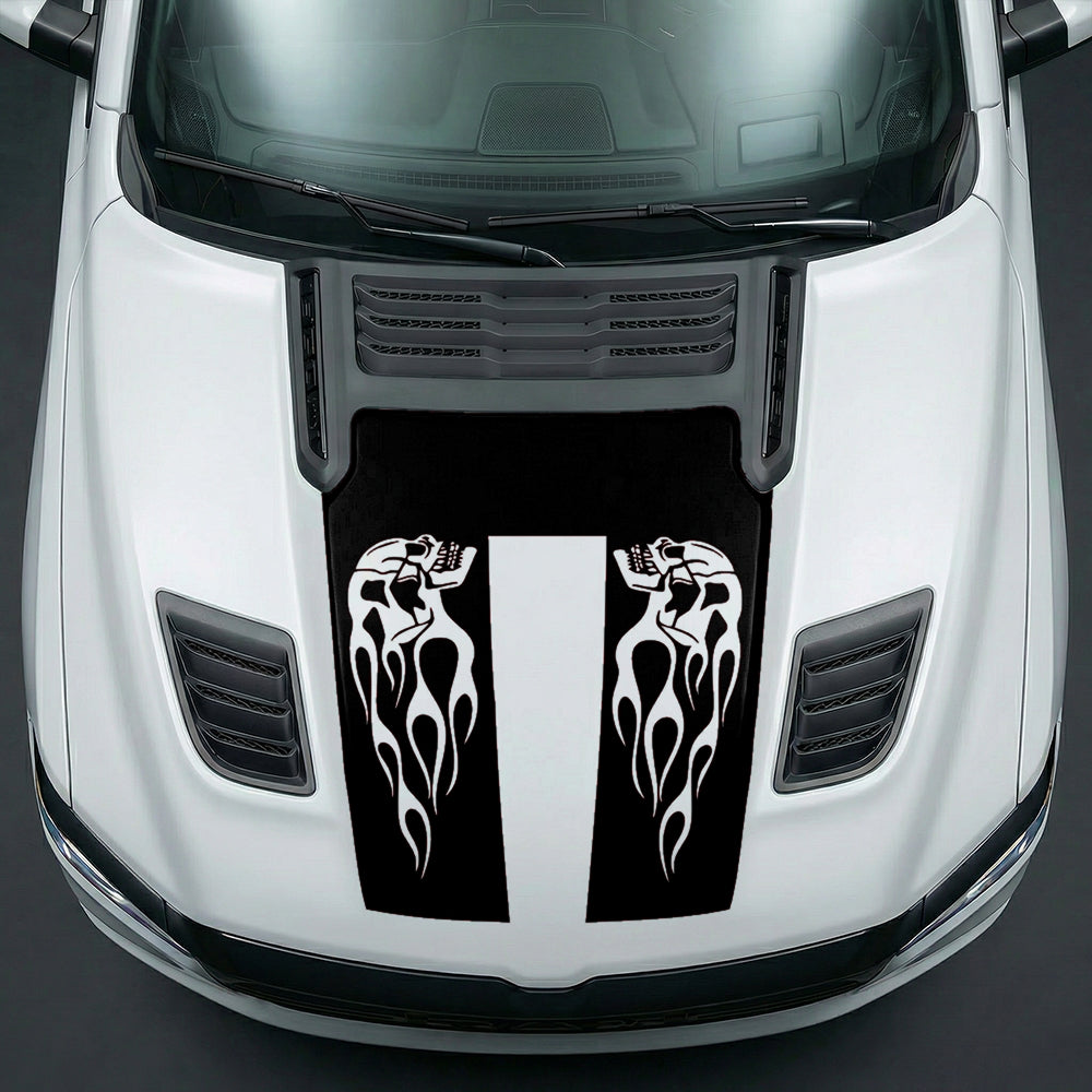 Hood Panel Decal/Sticker - Fiery Skulls Custom U-Shape Graphic Kit - For Dodge Ram 2019-2025 - Premium Vinyl