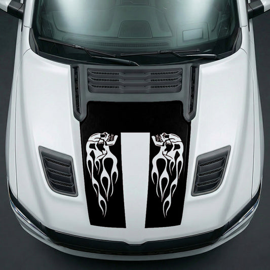 Hood Panel Decal/Sticker - Fiery Skulls Custom U-Shape Graphic Kit - For Dodge Ram 2019-2025 - Premium Vinyl