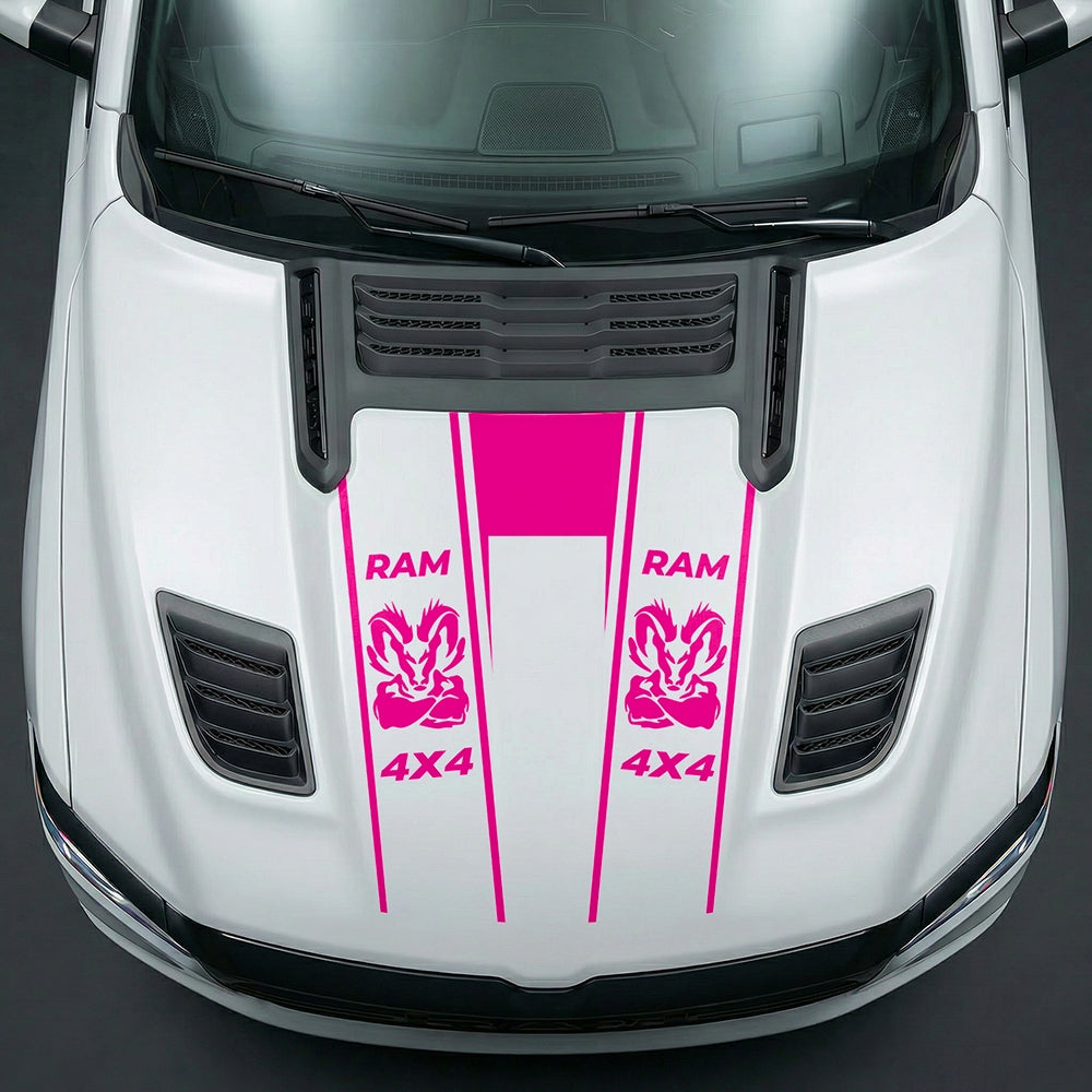 Hood Panel Decal/Sticker - Muscular Ram Mascot 4x4 Twin Stripe U-Shape Graphic Kit - For Dodge Ram 2019-2025 - Premium Vinyl