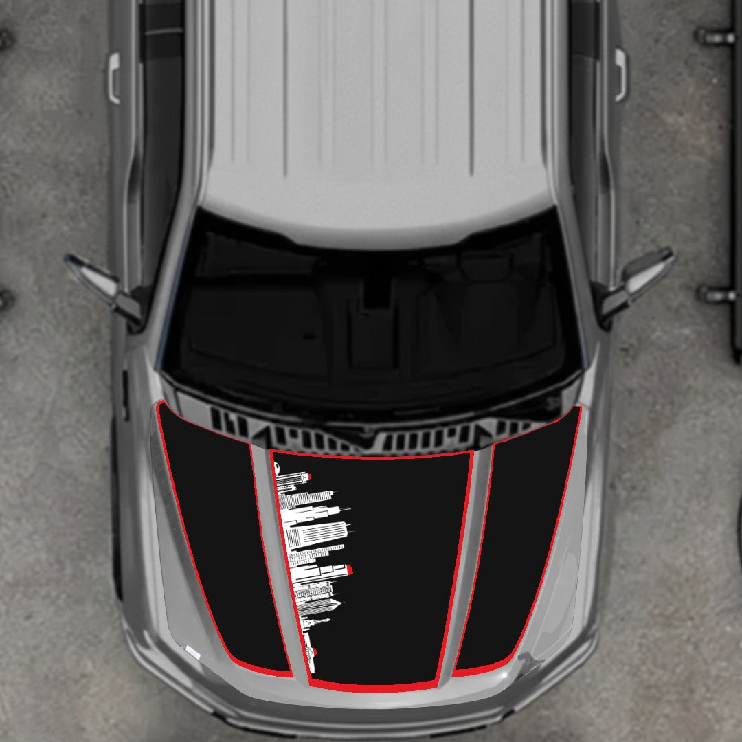 Hood Panel Decal/Sticker - Dubai Skyline - Cut - Border Graphic Kit - For Ford F-150 2020-2026 - Premium Vinyl