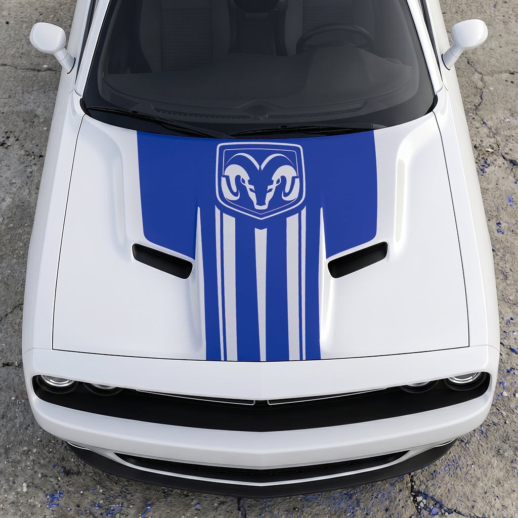 Hood Panel Decal/Sticker - Ram Emblem Apex Crest Triple-Stripe - Rugged Shield Design Vinyl Graphic Kit - For Dodge Challenger 2015-2024 - Premium Vinyl