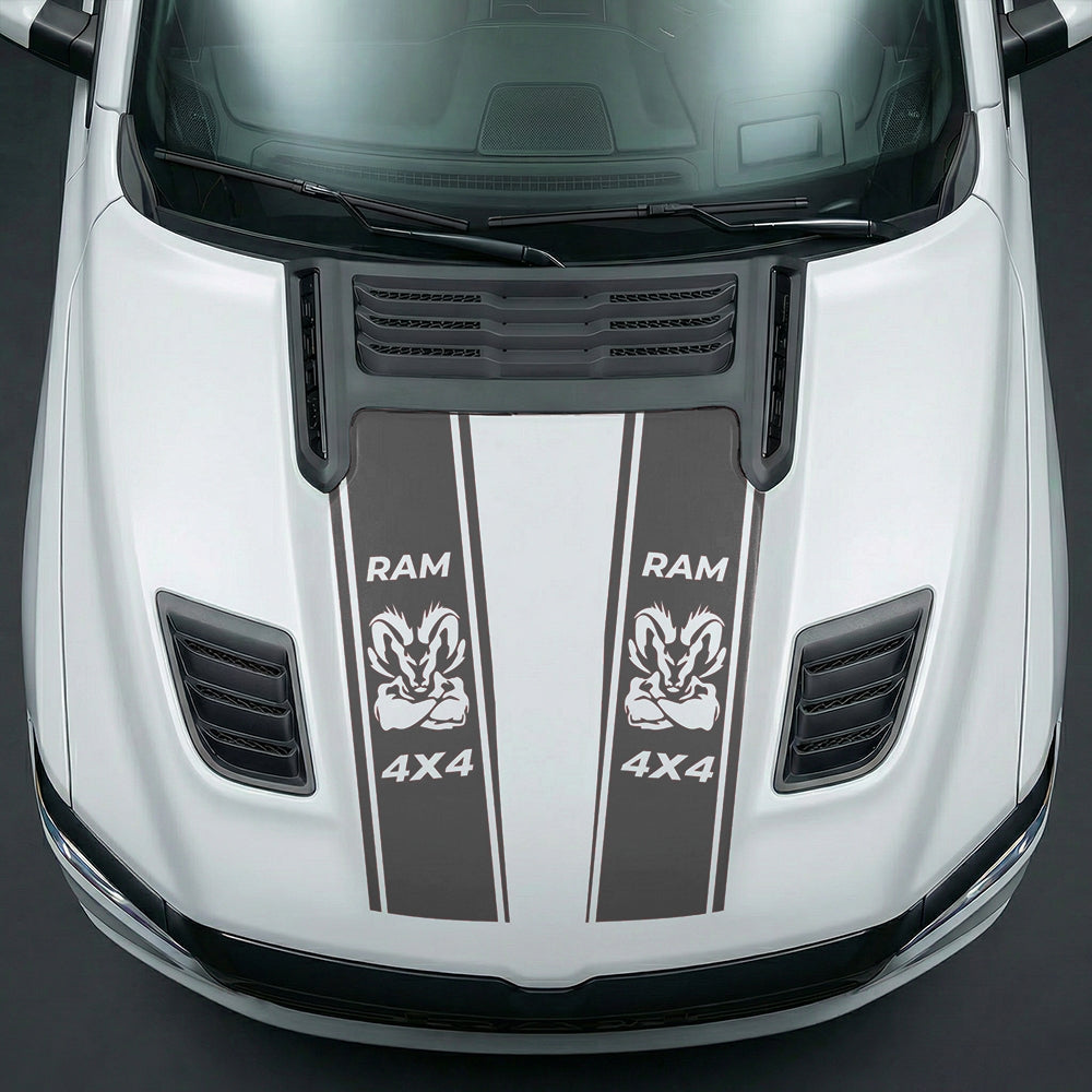 Hood Panel Decal/Sticker - Muscular Ram Mascot 4x4 Twin Stripe Graphic Kit - For Dodge Ram 2019-2025 - Premium Vinyl
