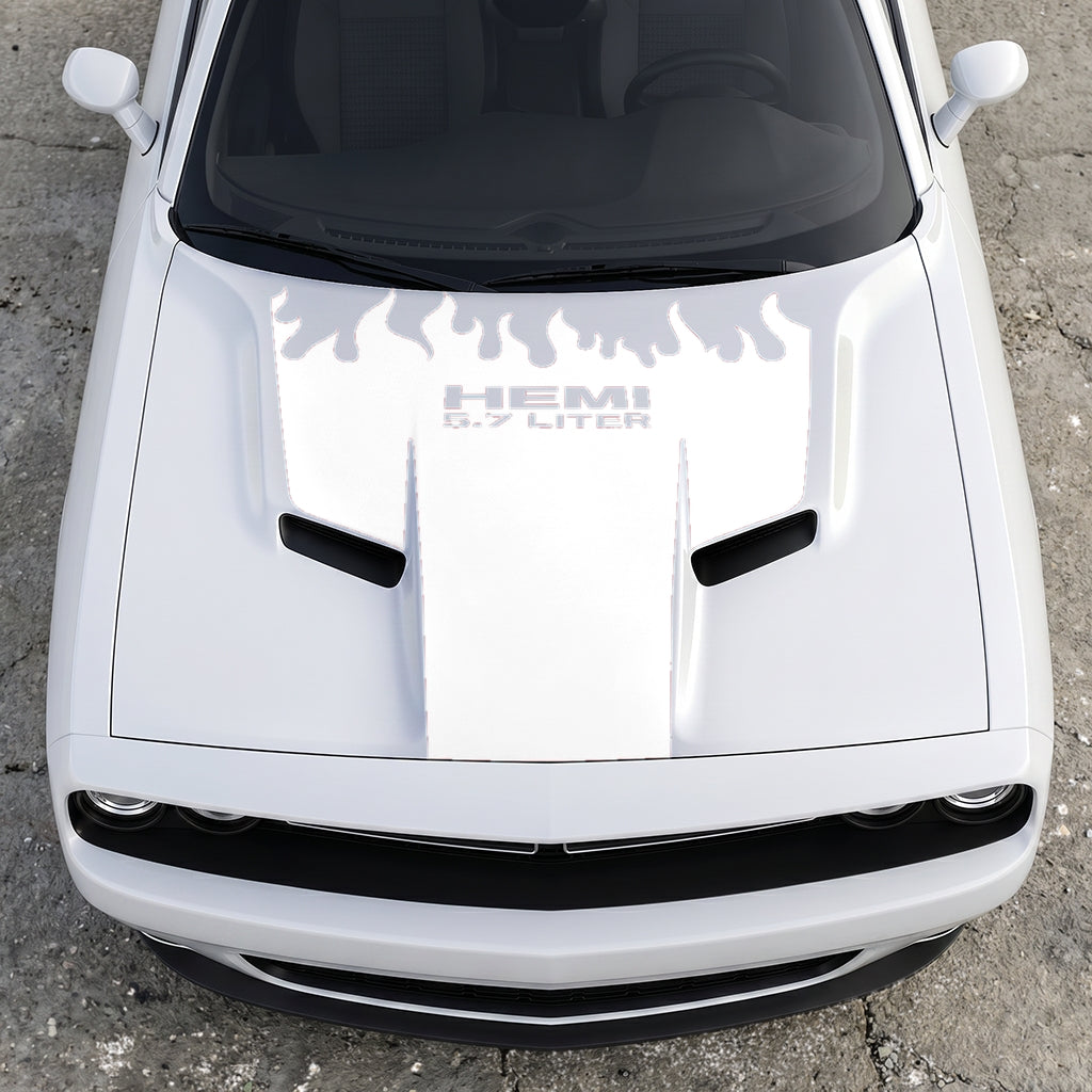 Hood Panel Decal/Sticker - HEMI 5.7 Liter Fire & Fury Flame Accent - Performance Red Series Graphic Kit - For Dodge Challenger 2015-2024 - Premium Vinyl