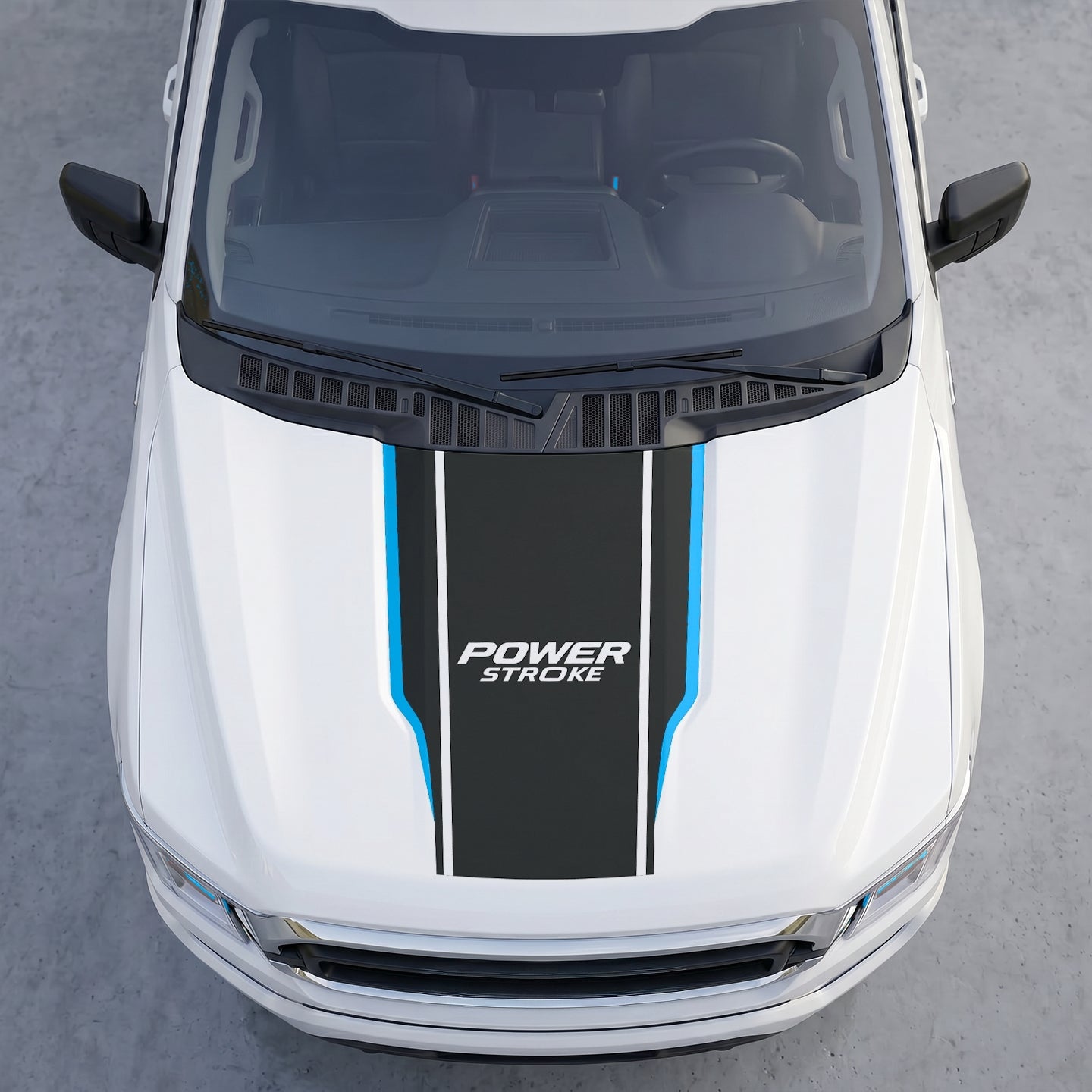 Hood Panel Decal/Sticker - Power Stroke Edition Hood Decal Wrap – Matte Black Center Sport Shield with White Track Stripes Graphic Kit - For Ford F-150 F150 2015-2020 - Premium Vinyl