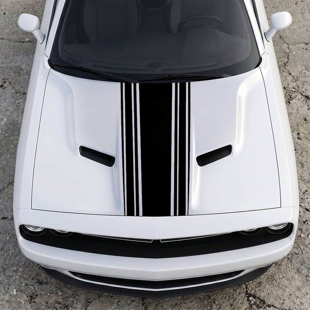 Hood Panel Decal/Sticker - Challenger Interceptor Center Stripe - Multi-Pin Racing Fade Vinyl Graphic Kit - For Dodge Challenger 2015-2024 - Premium Vinyl