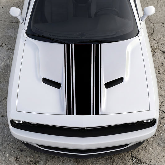 Hood Panel Decal/Sticker - Challenger Interceptor Center Stripe - Multi-Pin Racing Fade Vinyl Graphic Kit - For Dodge Challenger 2015-2024 - Premium Vinyl