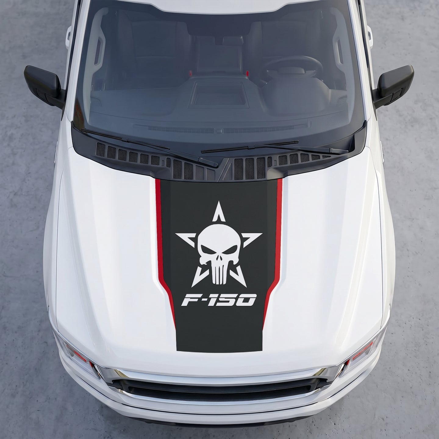 Hood Panel Decal/Sticker - Matte Black Hood Decal Wrap – Tactical Star & Skull Graphic Kit - For Ford F-150 F150 2015-2020 - Premium Vinyl