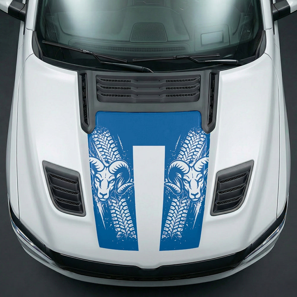 Hood Panel Decal/Sticker - Rugged Mud Tire Tread & RAM Head Graphic Kit - For Dodge Ram 2019-2025 - Premium Vinyl
