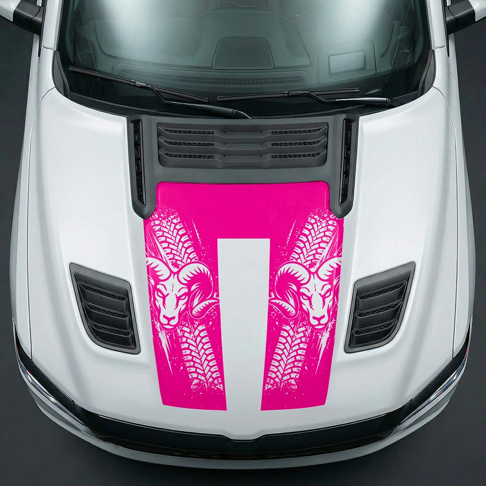 Hood Panel Decal/Sticker - Rugged Mud Tire Tread & RAM Head Graphic Kit - For Dodge Ram 2019-2025 - Premium Vinyl