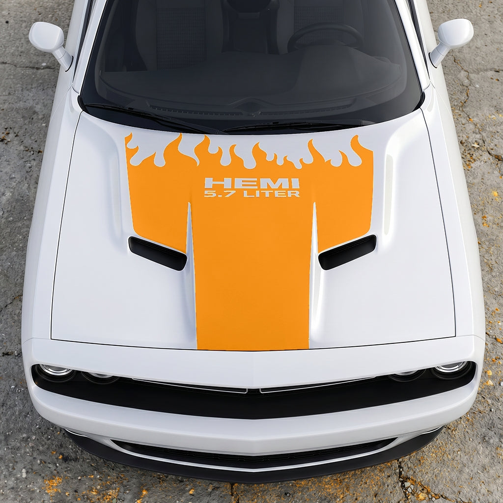 Hood Panel Decal/Sticker - HEMI 5.7 Liter Fire & Fury Flame Accent - Performance Red Series Graphic Kit - For Dodge Challenger 2015-2024 - Premium Vinyl