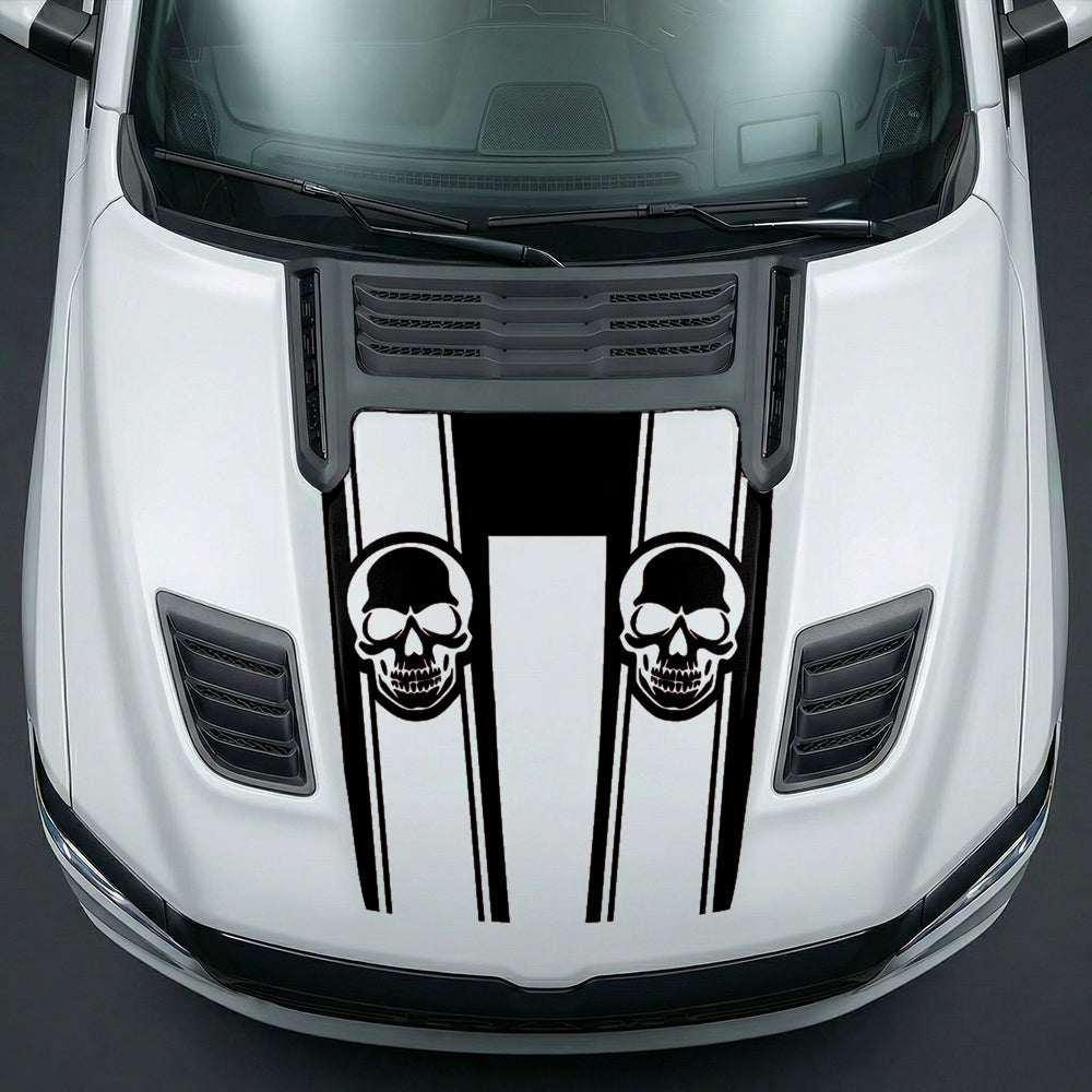 Hood Panel Decal/Sticker - Sinister Skull Racing Stripes U-Shape Graphic Kit - For Dodge Ram 2019-2025 - Premium Vinyl