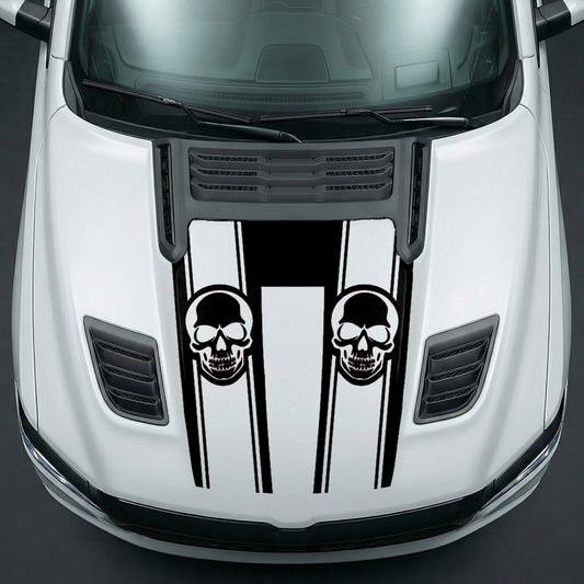 Hood Panel Decal/Sticker - Sinister Skull Racing Stripes U-Shape Graphic Kit - For Dodge Ram 2019-2025 - Premium Vinyl
