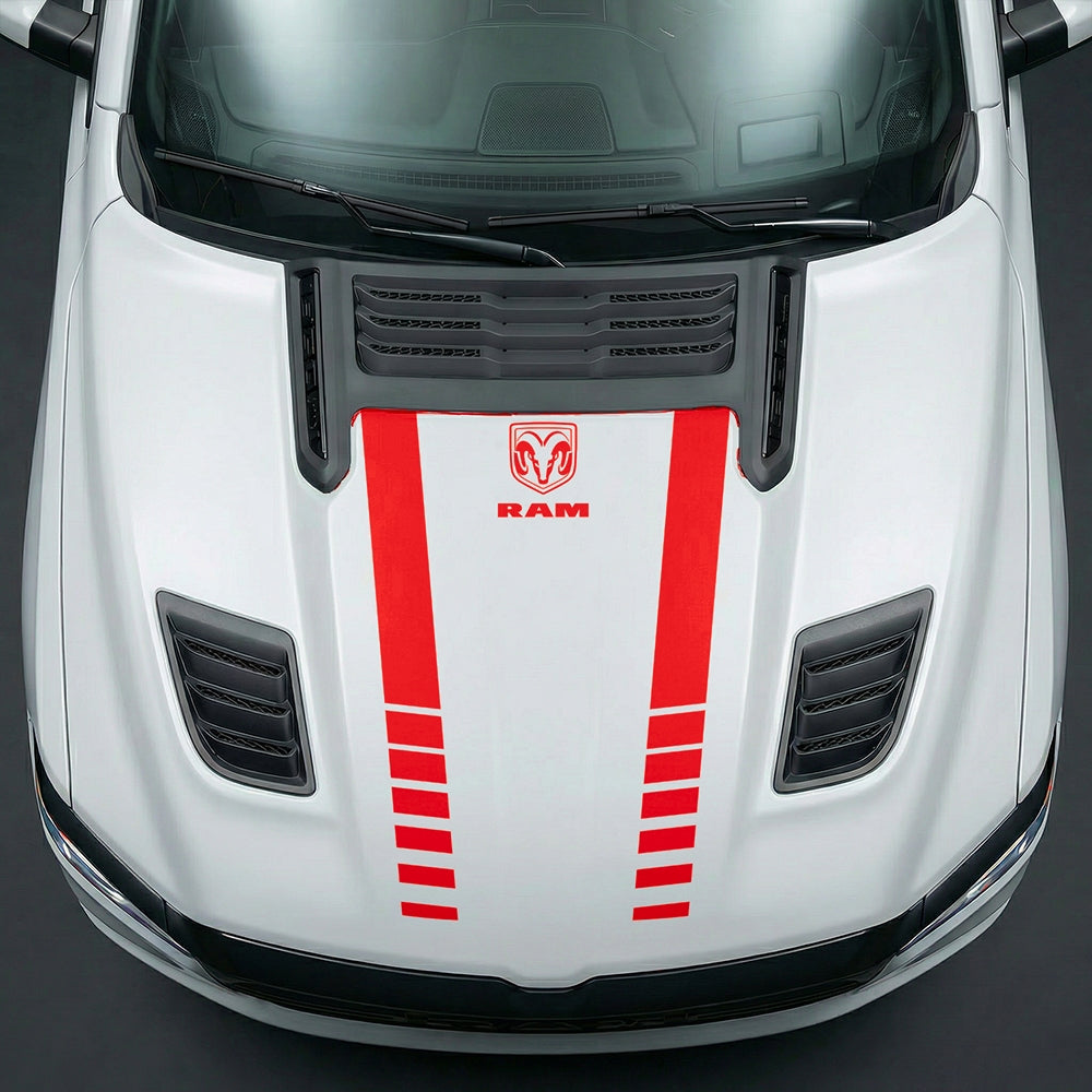Hood Panel Decal/Sticker - Sport Strobe V-Stripes with Center RAM Logo - Cut Graphic Kit - For Dodge Ram 2019-2025 - Premium Vinyl