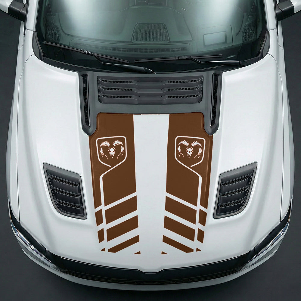 Hood Panel Decal/Sticker - Slotted Sport Stripe with RAM Shield Badge Graphic Kit - For Dodge Ram 2019-2025 - Premium Vinyl