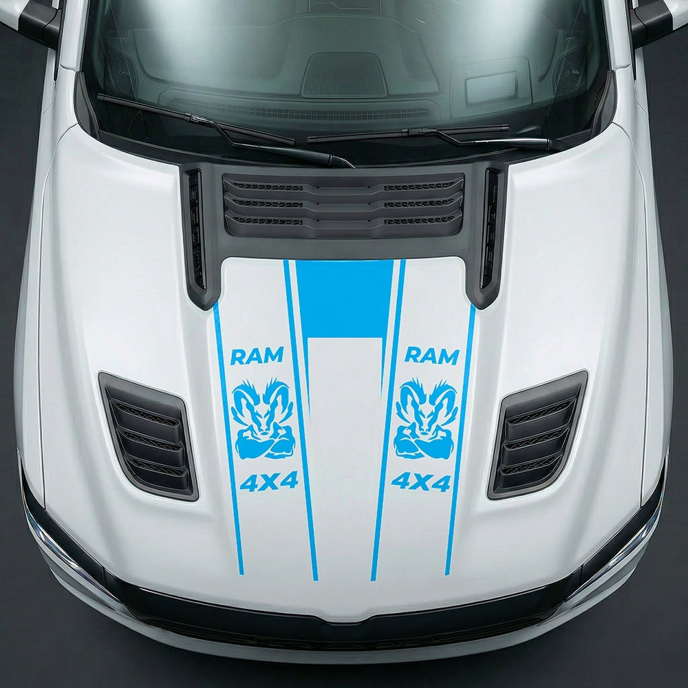 Hood Panel Decal/Sticker - Muscular Ram Mascot 4x4 Twin Stripe U-Shape Graphic Kit - For Dodge Ram 2019-2025 - Premium Vinyl