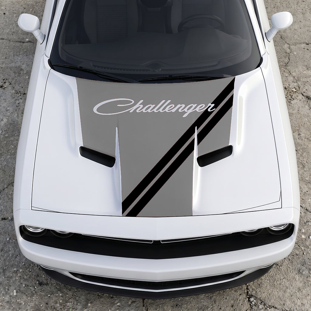 Hood Panel Decal/Sticker - Challenger Script Sidewinder Stripe - Dual-Band Offset Racing Graphic Kit - For Dodge Challenger 2015-2024 - Premium Vinyl