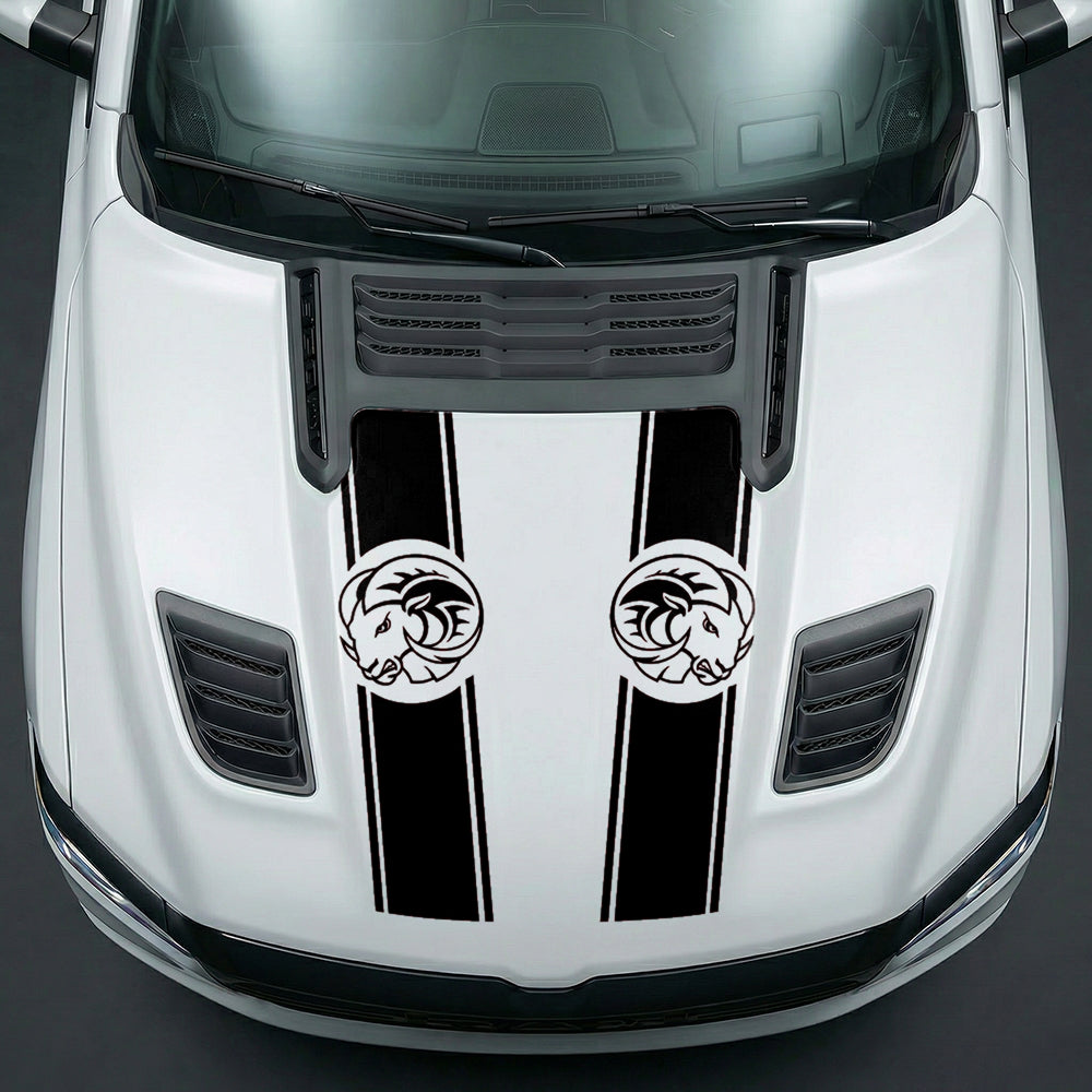 Hood Panel Decal/Sticker - Aggressive RAM Mascot Twin Racing Stripe Graphic Kit - For Dodge Ram 2019-2025 - Premium Vinyl