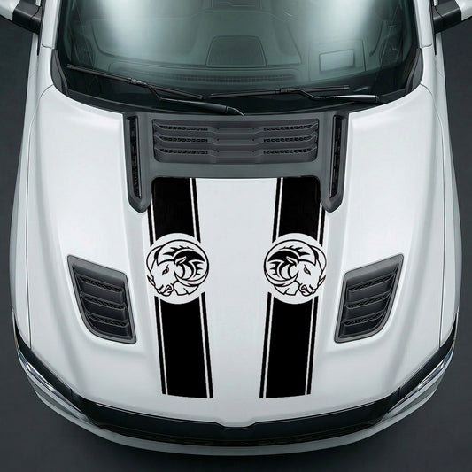 Hood Panel Decal/Sticker - Aggressive RAM Mascot Twin Racing Stripe Graphic Kit - For Dodge Ram 2019-2025 - Premium Vinyl