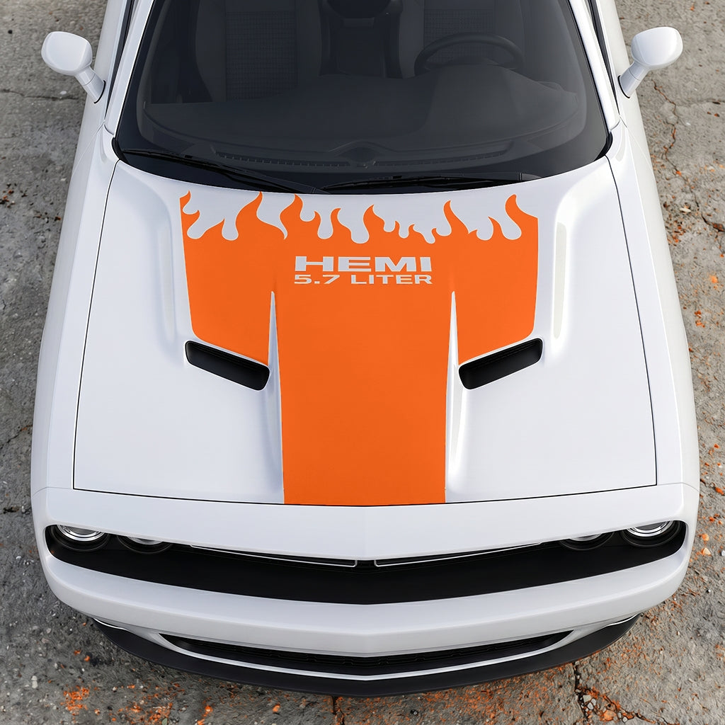 Hood Panel Decal/Sticker - HEMI 5.7 Liter Fire & Fury Flame Accent - Performance Red Series Graphic Kit - For Dodge Challenger 2015-2024 - Premium Vinyl