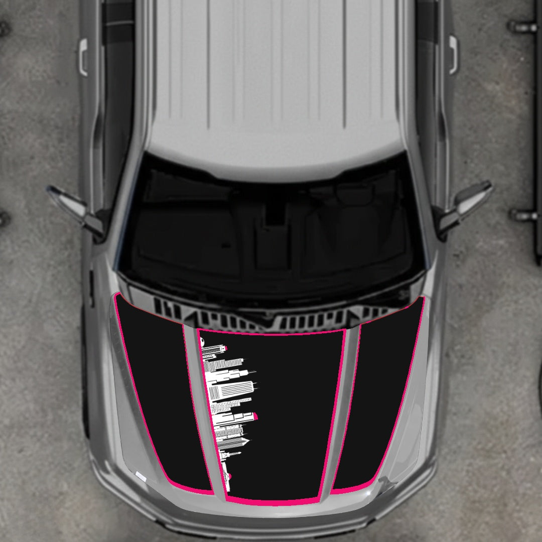 Hood Panel Decal/Sticker - Dubai Skyline - Cut - Border Graphic Kit - For Ford F-150 2020-2026 - Premium Vinyl