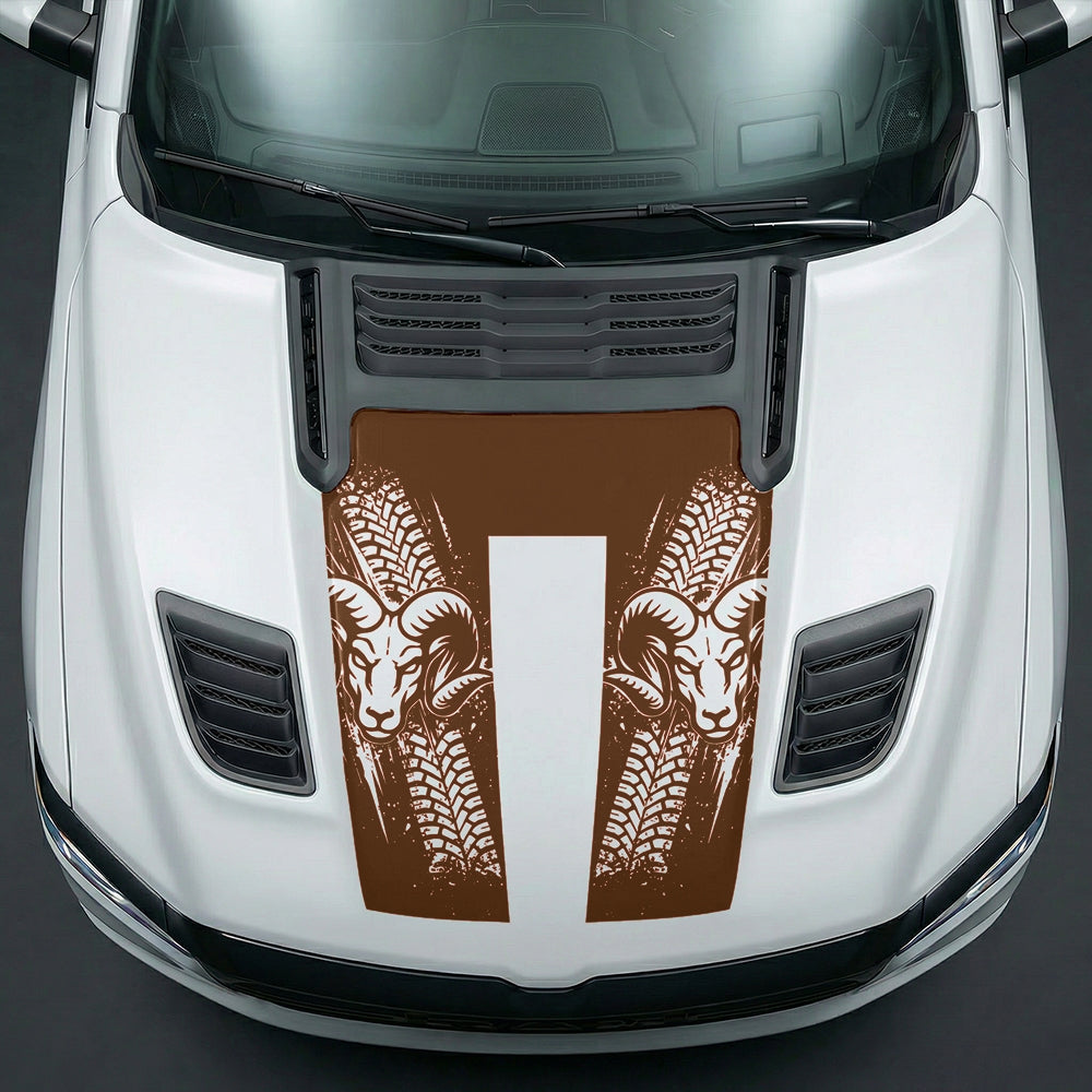 Hood Panel Decal/Sticker - Rugged Mud Tire Tread & RAM Head Graphic Kit - For Dodge Ram 2019-2025 - Premium Vinyl