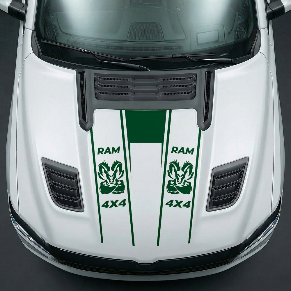 Hood Panel Decal/Sticker - Muscular Ram Mascot 4x4 Twin Stripe U-Shape Graphic Kit - For Dodge Ram 2019-2025 - Premium Vinyl
