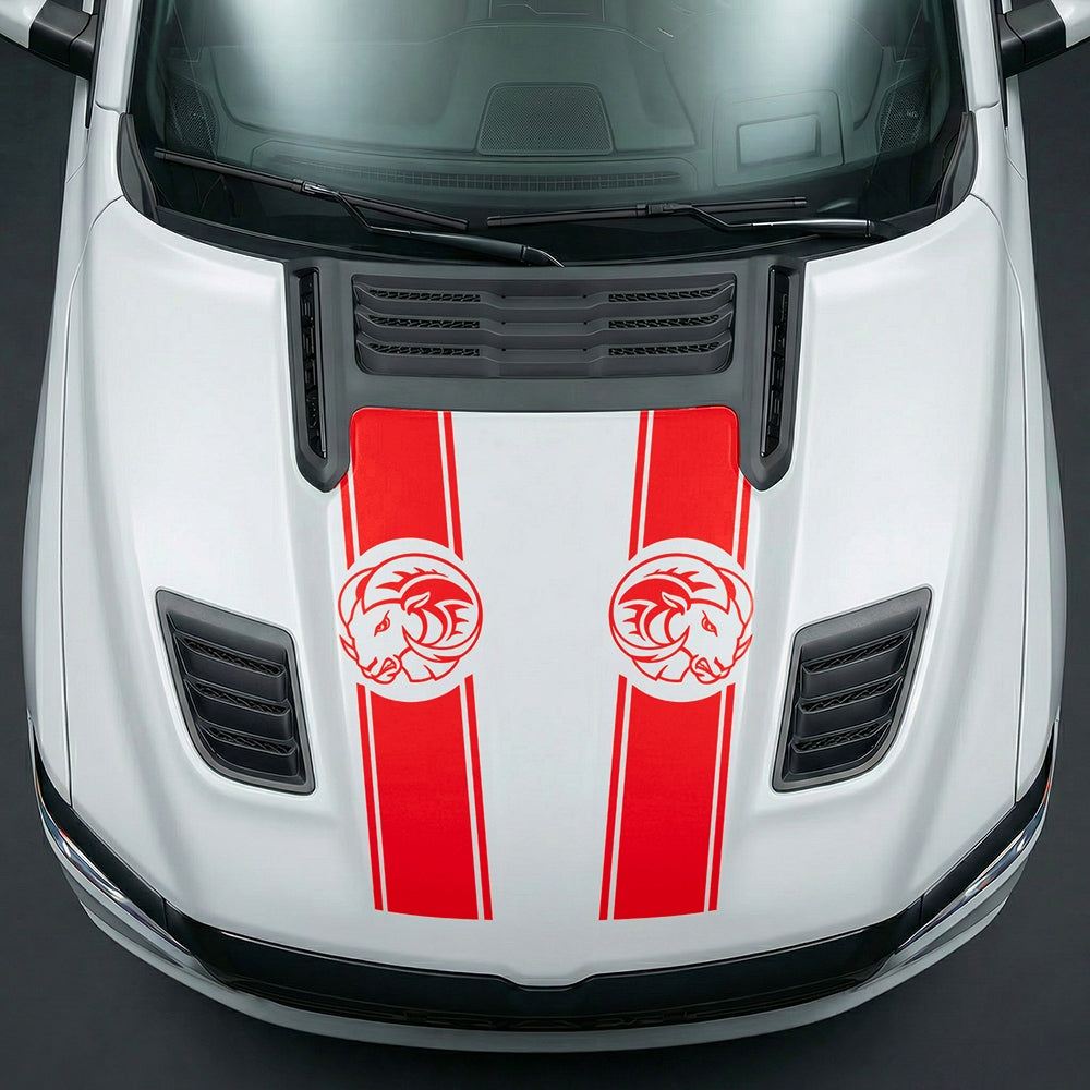 Hood Panel Decal/Sticker - Aggressive RAM Mascot Twin Racing Stripe Graphic Kit - For Dodge Ram 2019-2025 - Premium Vinyl