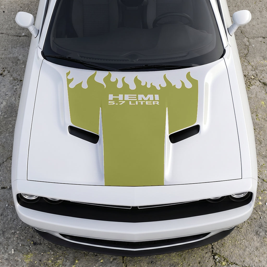 Hood Panel Decal/Sticker - HEMI 5.7 Liter Fire & Fury Flame Accent - Performance Red Series Graphic Kit - For Dodge Challenger 2015-2024 - Premium Vinyl