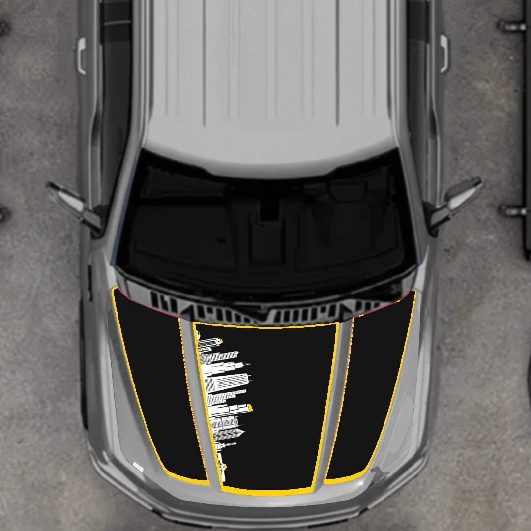 Hood Panel Decal/Sticker - Dubai Skyline - Cut - Border Graphic Kit - For Ford F-150 2020-2026 - Premium Vinyl