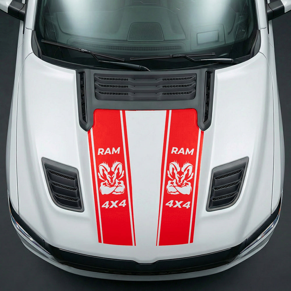 Hood Panel Decal/Sticker - Muscular Ram Mascot 4x4 Twin Stripe Graphic Kit - For Dodge Ram 2019-2025 - Premium Vinyl