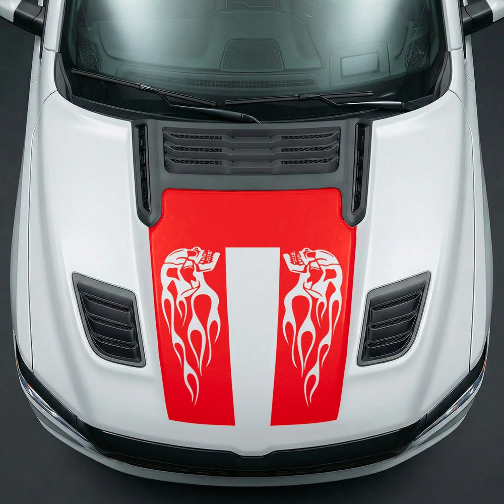 Hood Panel Decal/Sticker - Fiery Skulls Custom U-Shape Graphic Kit - For Dodge Ram 2019-2025 - Premium Vinyl