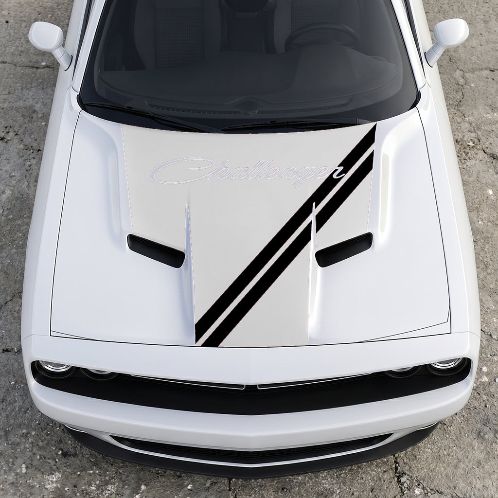 Hood Panel Decal/Sticker - Challenger Script Sidewinder Stripe - Dual-Band Offset Racing Graphic Kit - For Dodge Challenger 2015-2024 - Premium Vinyl