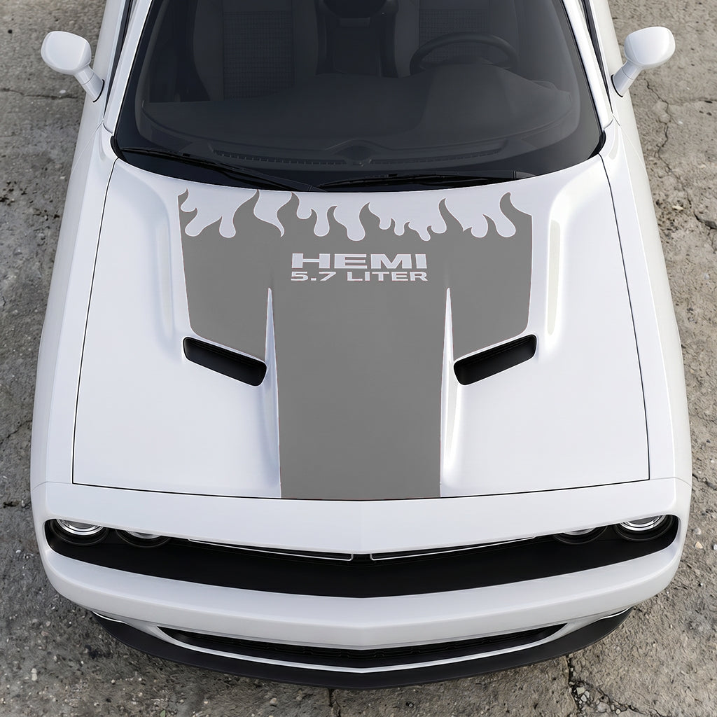 Hood Panel Decal/Sticker - HEMI 5.7 Liter Fire & Fury Flame Accent - Performance Red Series Graphic Kit - For Dodge Challenger 2015-2024 - Premium Vinyl