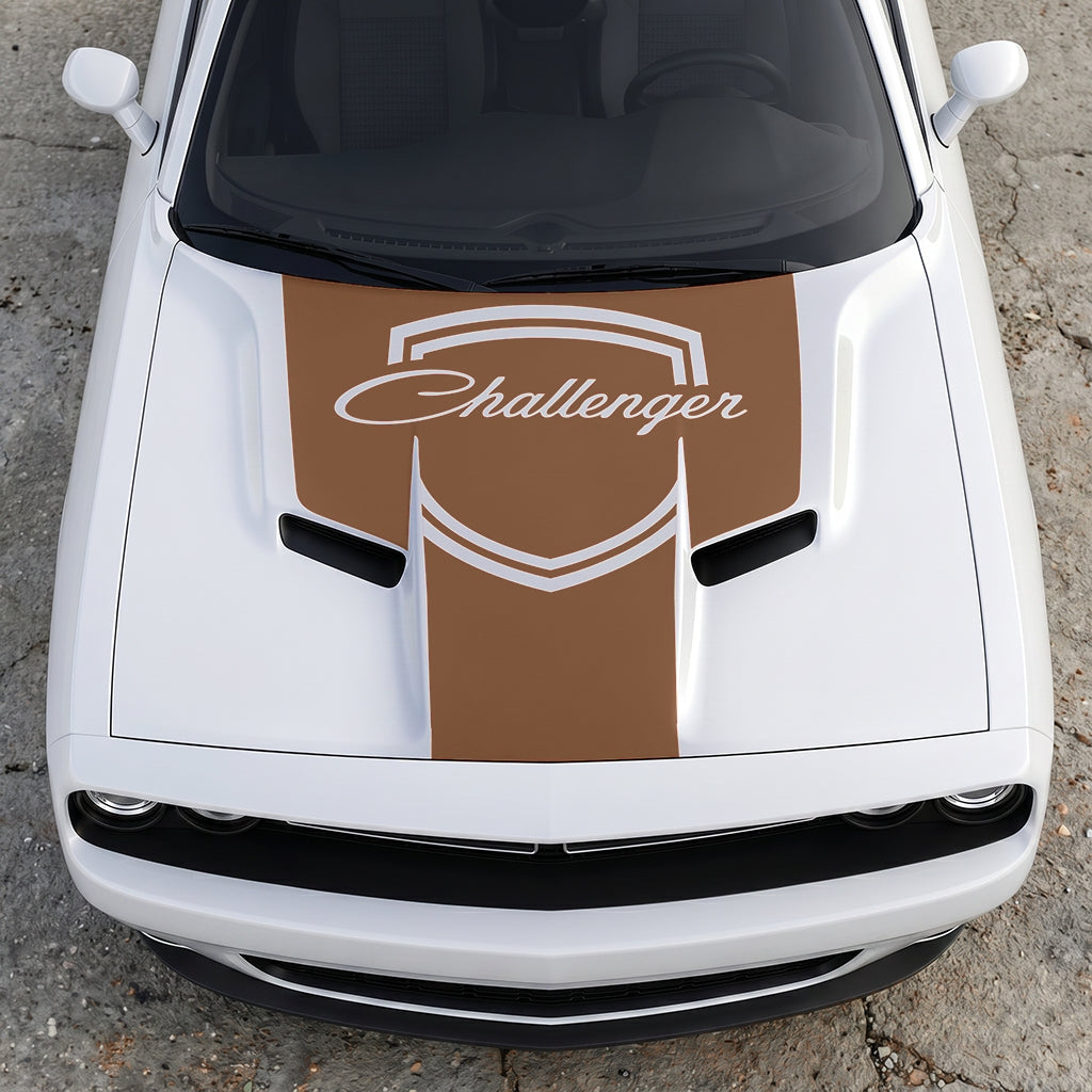 Hood Panel Decal/Sticker - Challenger Retro Script Shield - Vintage Style Crest Graphic Kit - For Dodge Challenger 2015-2024 - Premium Vinyl