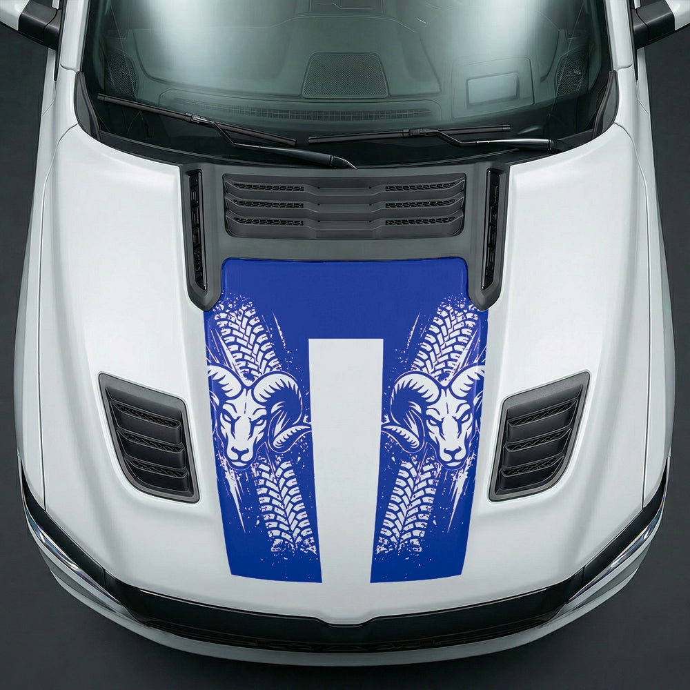 Hood Panel Decal/Sticker - Rugged Mud Tire Tread & RAM Head Graphic Kit - For Dodge Ram 2019-2025 - Premium Vinyl
