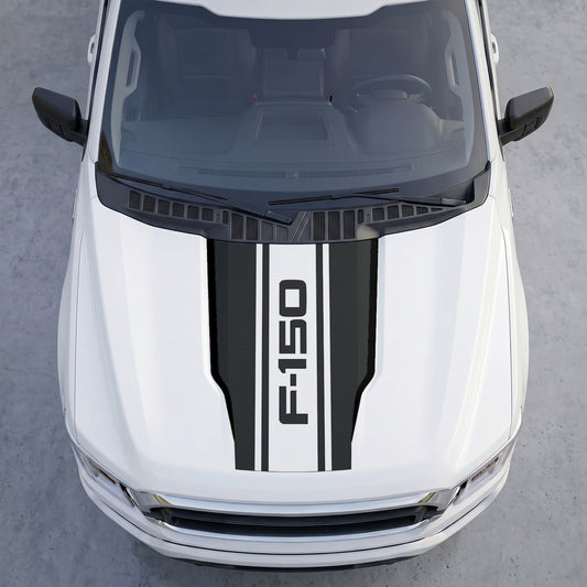 Hood Panel Decal/Sticker - Dual Block Racing Stripes Hood Decal – Matte Black Center Split Wrap with Bold Lettering Graphic Kit - For Ford F-150 F150 2015-2020 - Premium Vinyl